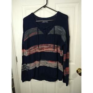 Jones New York Woman L Sweater V Neck Blue Red Striped V Neck Long Sleeve...